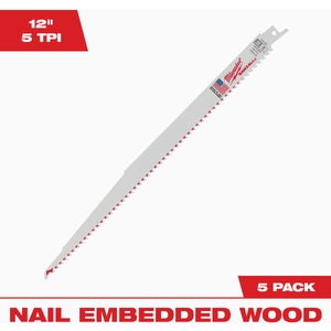 Milwaukee SAWZALL 12 In. 5 TPI Wood Reciprocating Saw Blade (5-Pack)