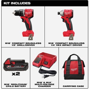 Milwaukee M18 2-Tool Brushless Cordless Compact Drill/Driver & Compact Impact Driver Combo Kit with (2) 2.0 Ah Batteries & Charger