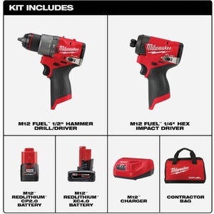 Milwaukee M12 FUEL 2-Tool Brushless Cordless Subcompact Hammer Drill & Impact Driver Combo Kit with (2) Batteries & Charger
